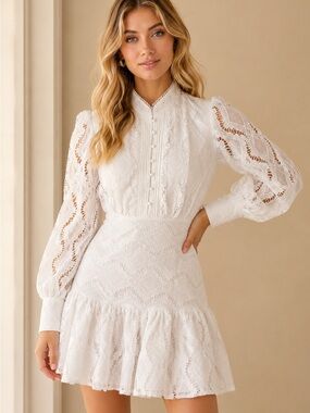 Bardot Remy White Lace Balloon Sleeve Ruffle Mini Dress Size S Romantic